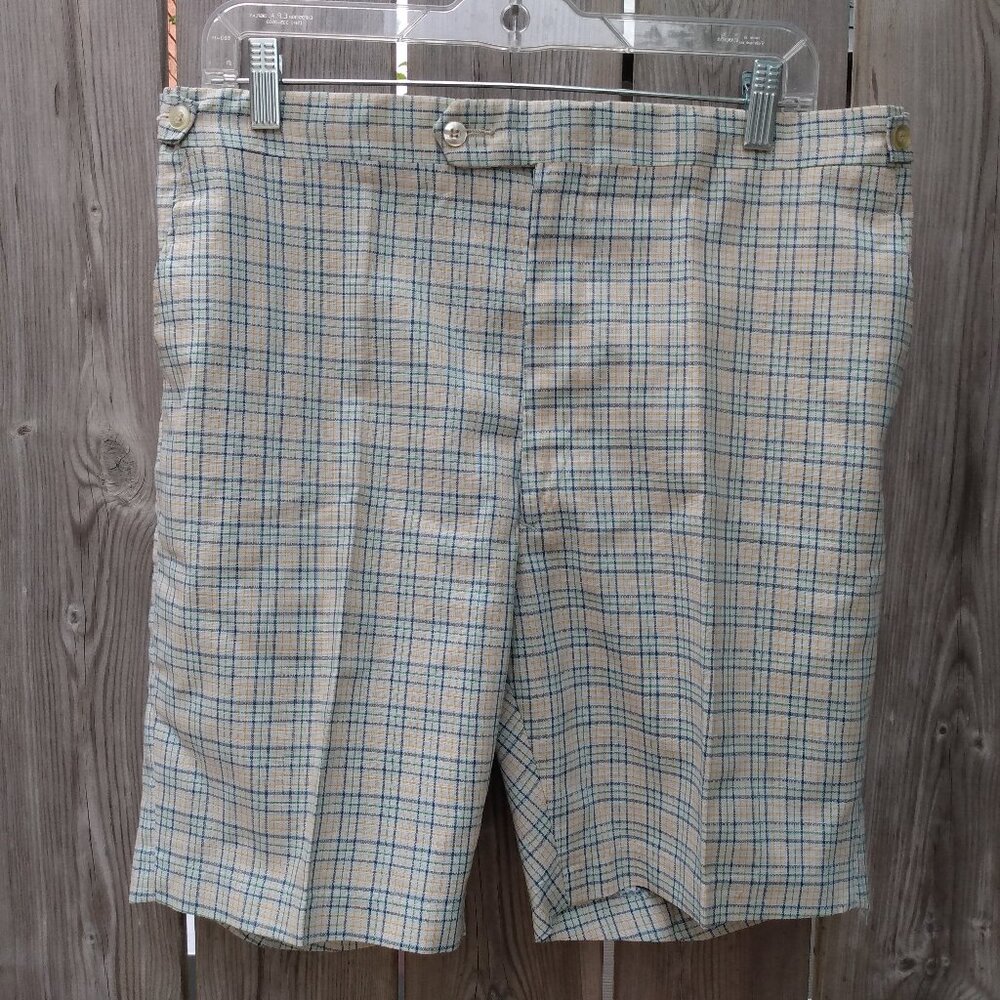 Vintage 60s Men's Plaid Shorts Rothstein Blue Yellow Green Koratron Fortrel